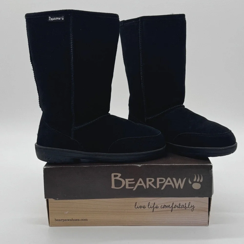 Bearpaw Meadow 605 Black Suede 10-inch Mid-Calf Winter Boots Womens 8